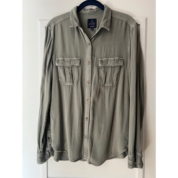 American Eagle Outfitters Tops - American Eagle Vintage Boyfriend Shirt Olive Green Viscose Button Down M 42x27